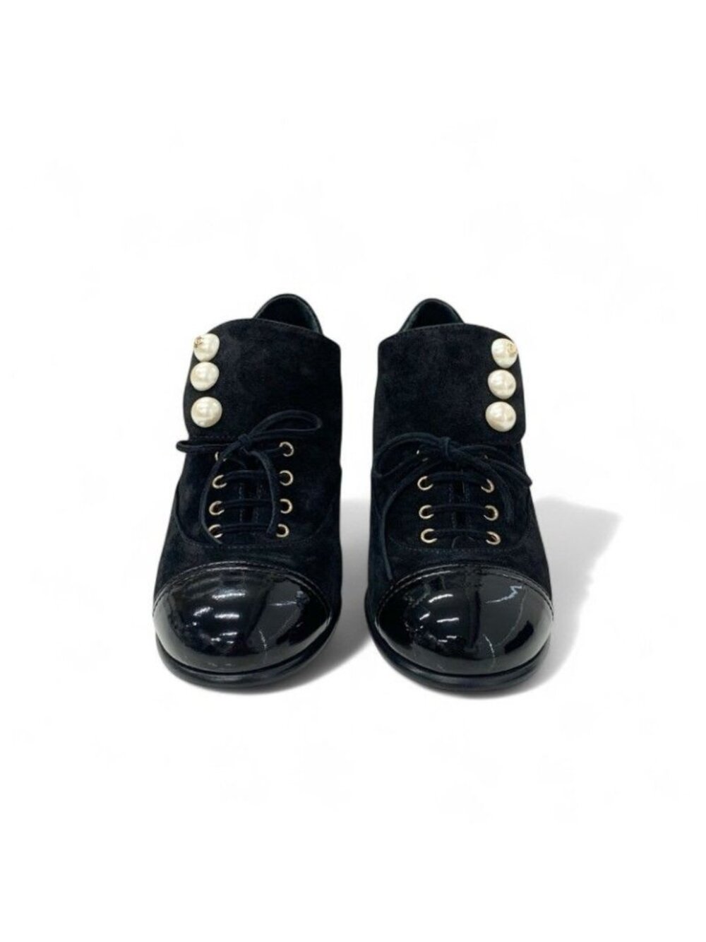 Chanel Loafers Leather Shoes Suede Patent Black Pearl Coco Mark Lace Up - Picture 2 of 10